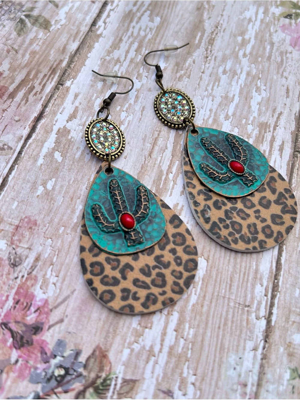Turquoise Cactus Teardrop Leopard Print Dangle Earrings - Unbranded